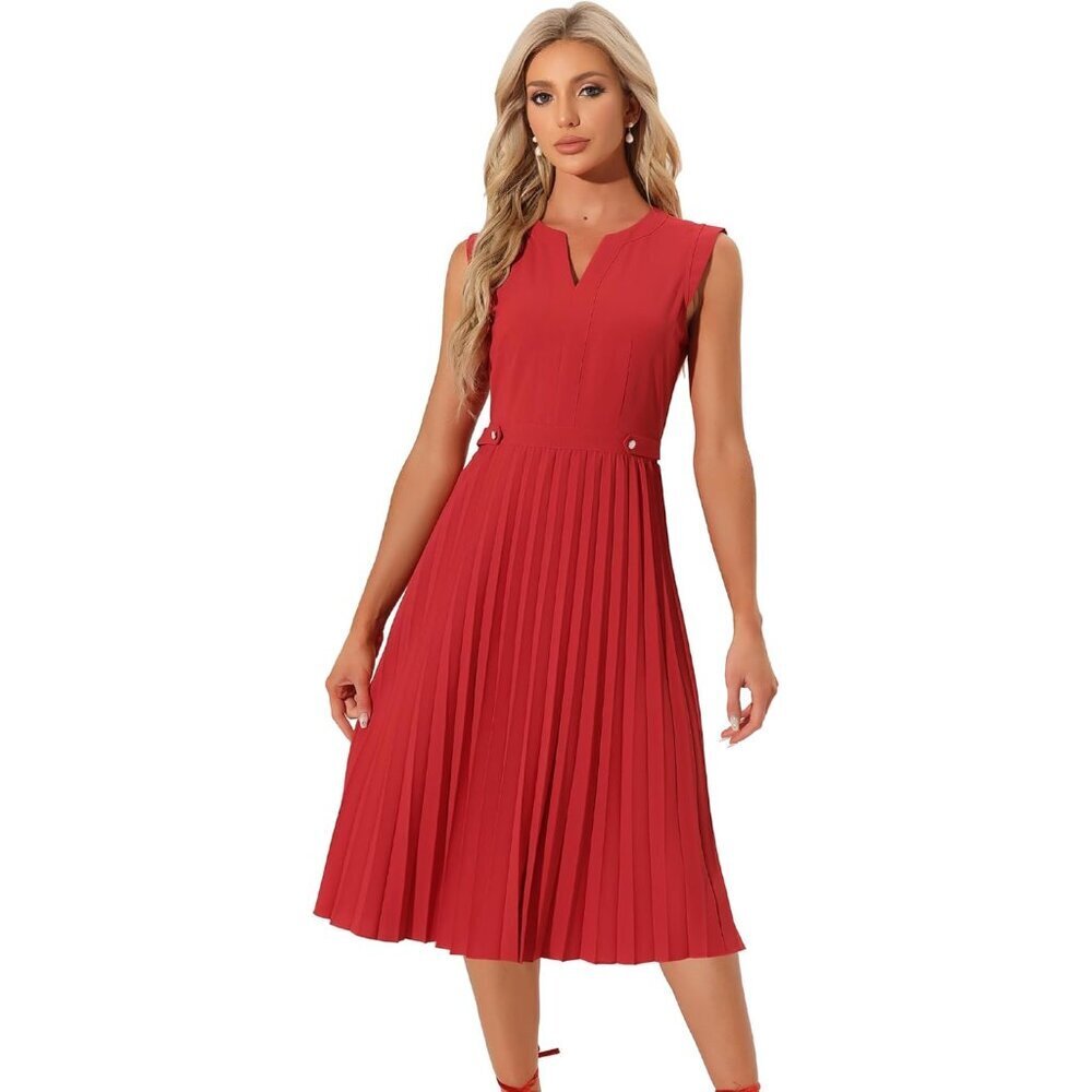 Women’s Summer Pleated Midi Dress Polyester Sleeveless V-Neck A-Line Fit